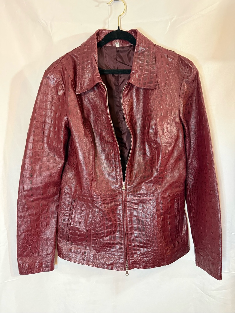 Vintage Women’s Italian Leather Croc Burgundy Jacket - Zip-Front